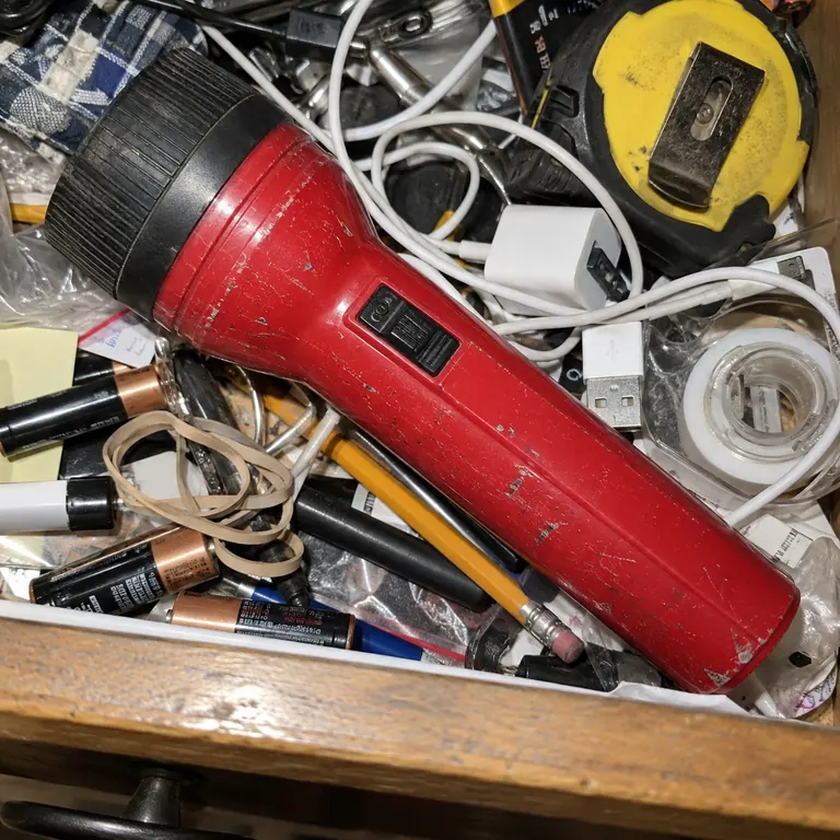 A red flashlight partly buried in a drawer of cables and batteries