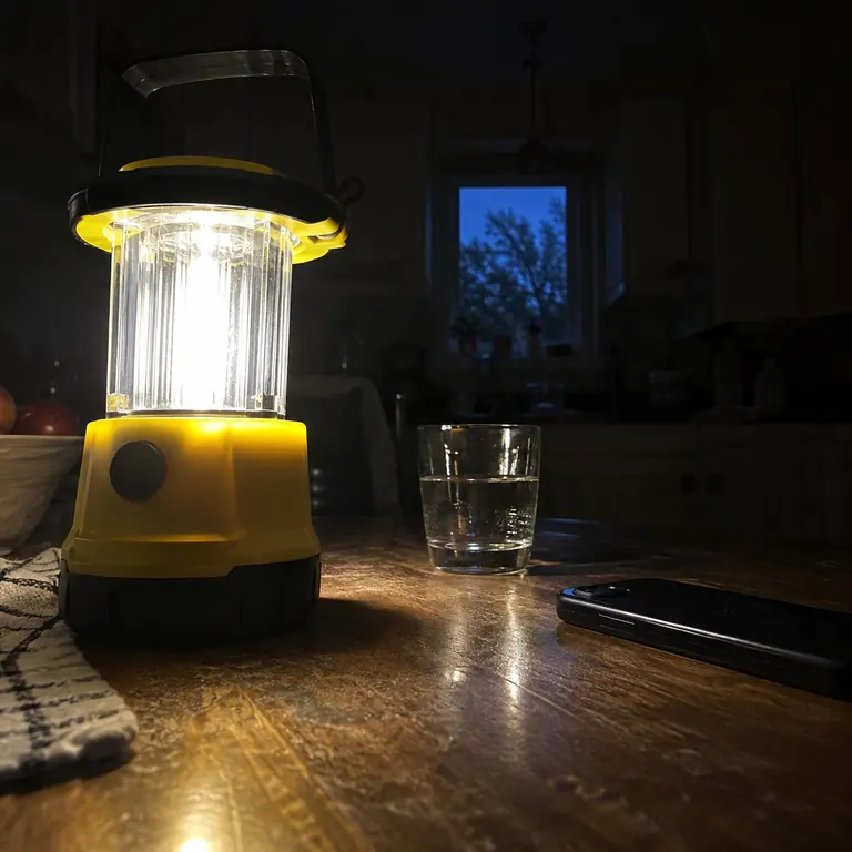 A battery lantern lighting an ordinary kitchen during an illustrative outage
